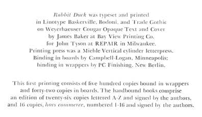 colophon of RABBIT DUCK by R. Hell and D. Shapiro
